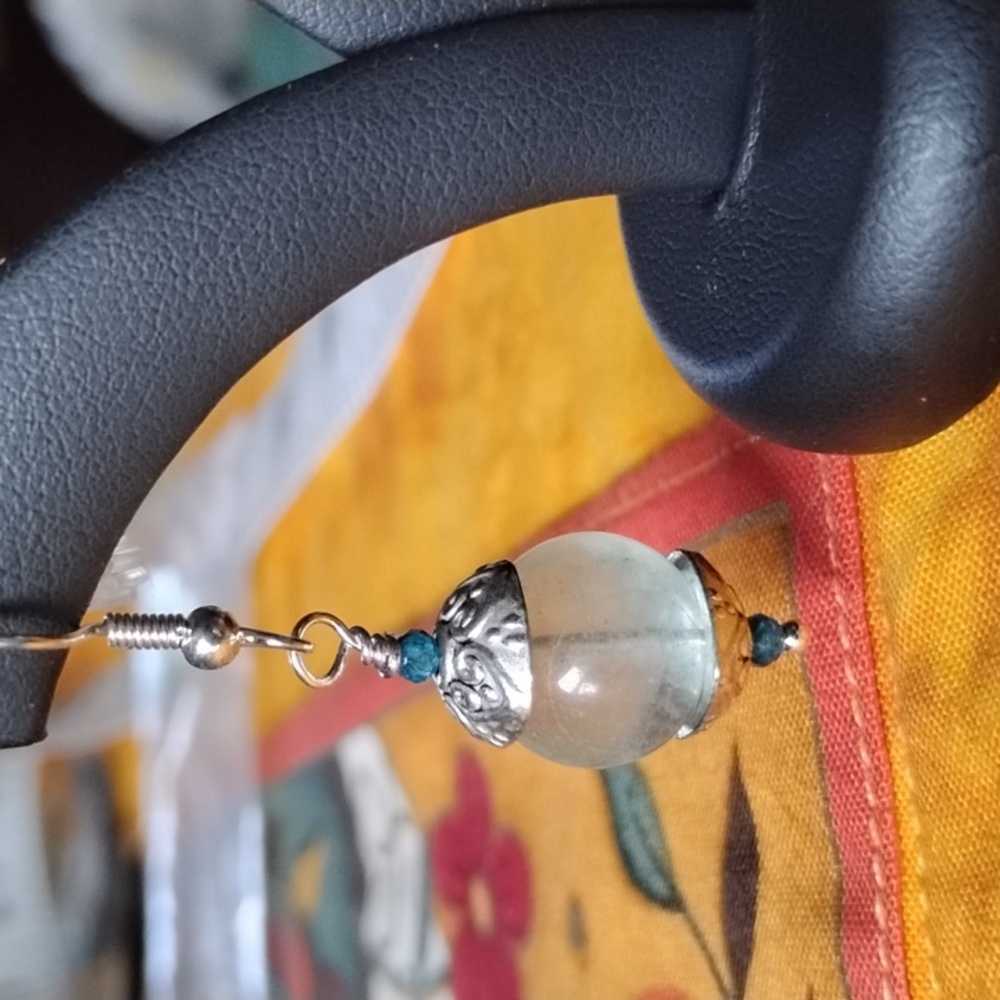 Hand Crafted Fluorite And Neon Apatite Silver Earrings - Picture 3 of 8